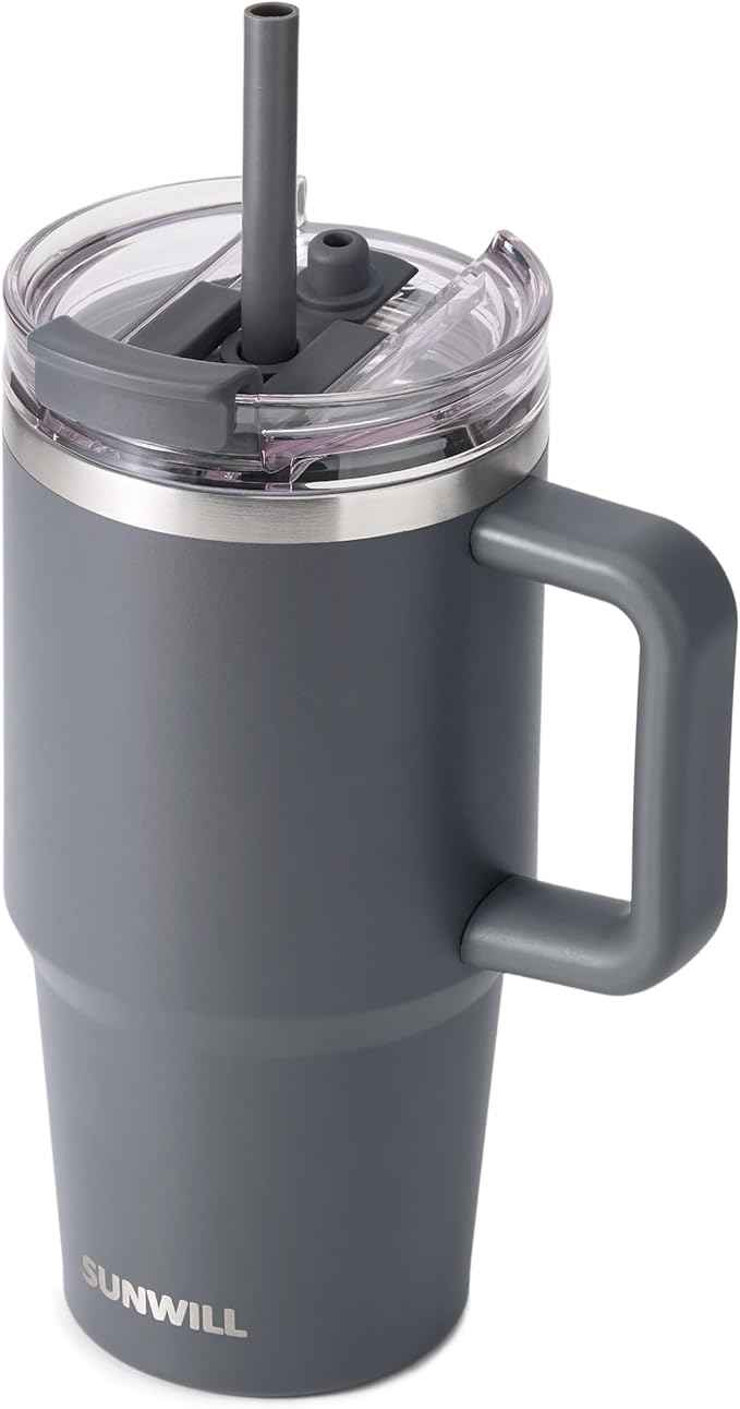 SUNWILL Coffee Tumbler with Handle, 20 oz Travel Mug with Lid and Straw Insulated, Stainless Steel Cup Leak Proof for Travel & Outdoor, Cupholder Friendly, Powder Coated Charcoal