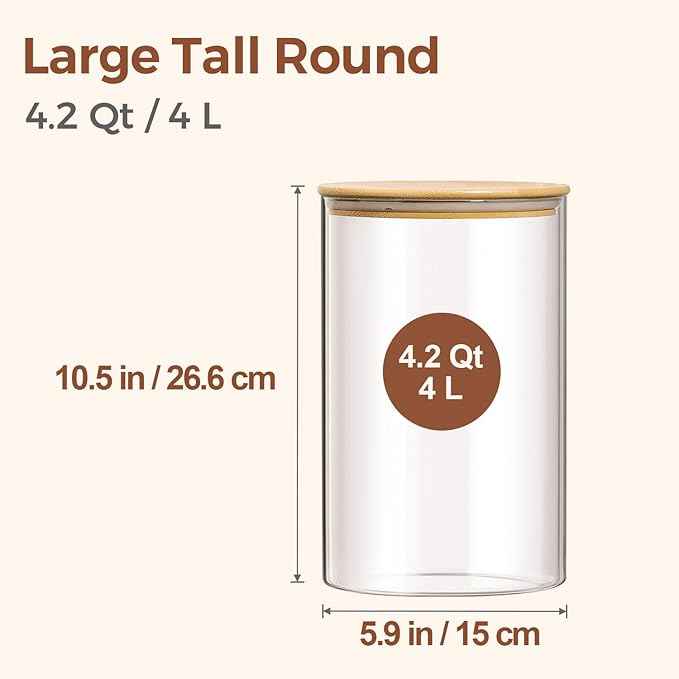 ComSaf 2Pcs Large Glass Storage Containers with Lids 4Qt, 1 Gallon Wide Mouth Flour Sugar Storage Containers, Large Capacity and Sealed for Rice, Cereal, Oat, Easy Clean and Scoop, Pantry Organization
