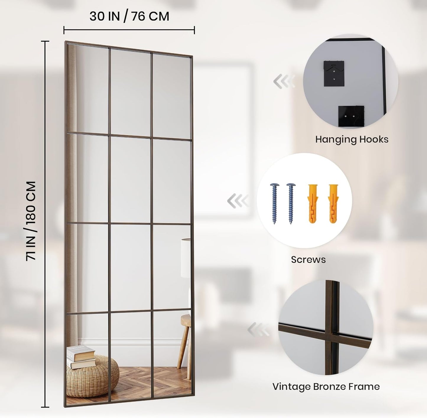 Windowpane Mirror Full Length 71"x30" Wall Mounted Mirror Faded Bronze Frame Vintage Distressed Art Pane Leaning Hanging Wall for Home Decor in Living Room Bedroom Hallway Entrance