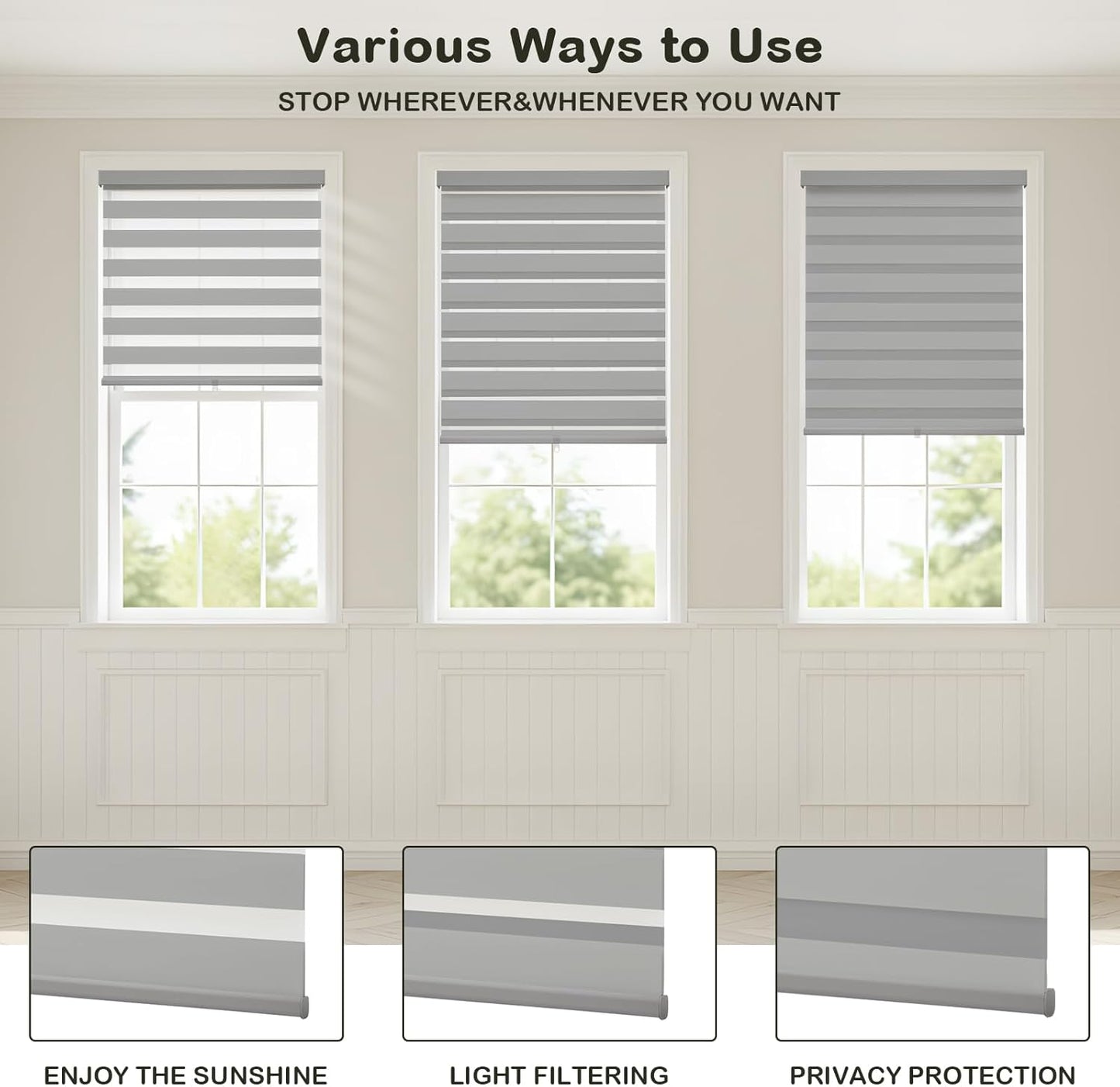Cordless Zebra Blinds for Windows,Free-Stop Roller Zebra Shades,Light Filtering Blinds for Indoor Windows with Upgraded Cassette,Pull Down Privacy Window Shades for Home (31" W x 72" H, Grey)