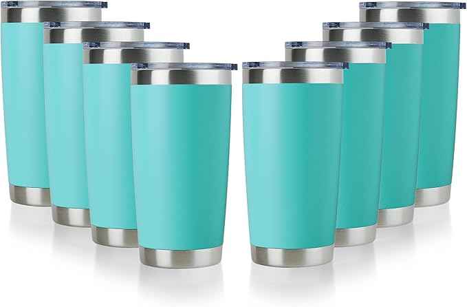 DOMICARE 20oz Stainless Steel Tumbler Bulk with Lid, Double Wall Vacuum Insulated Travel Mug, Powder Coated Coffee Cup, Light Blue, 8 Pack