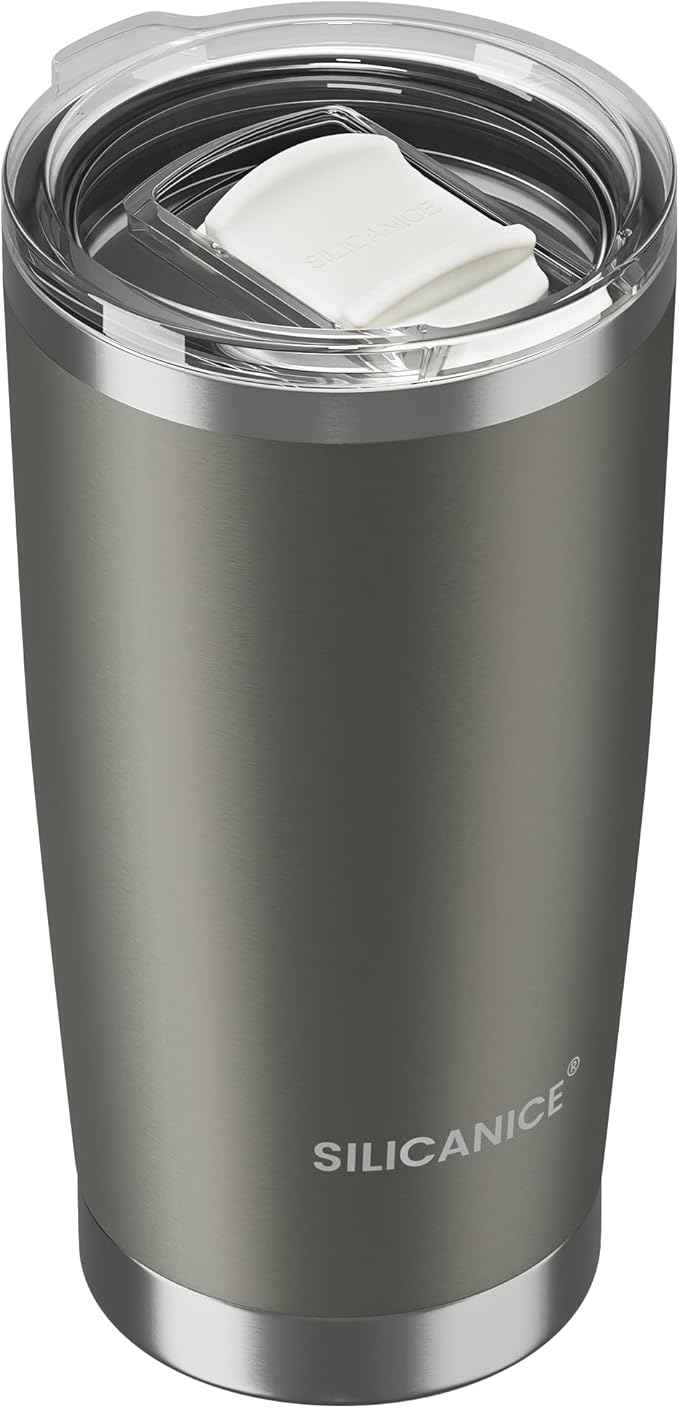 Coffee Tumbler 20 oz, Double Wall Stainless Steel Travel Coffee Mug with Removable Slider Lid, BPA Free, Car Cup Holder Compatible - Gym/Office/Travel/Home - Metal Gray