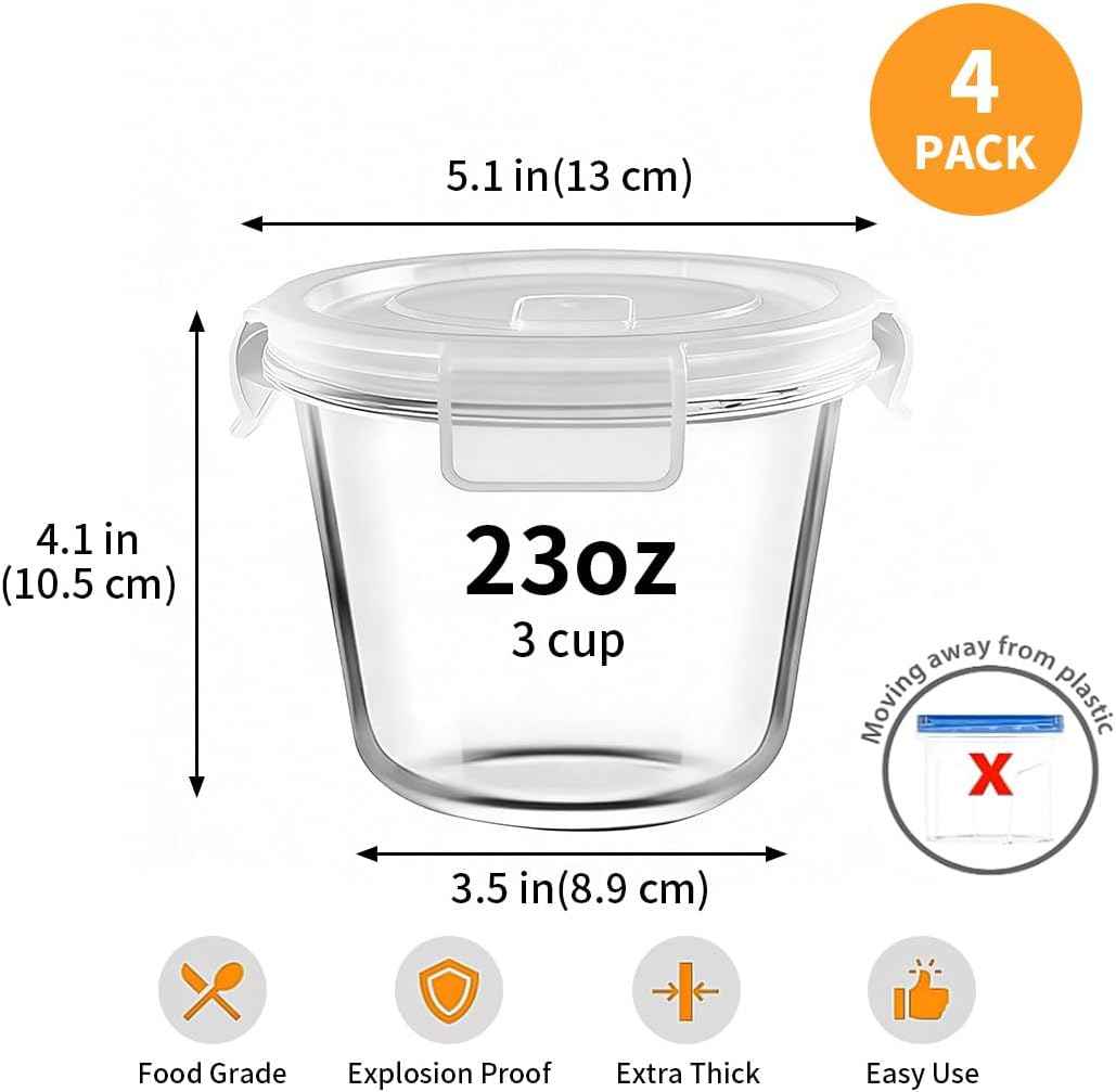 H.JSS WDJS 24 Oz Round Glass Food Storage Container set, 3 Cup Round Glass Soup Container with Airtight Lids BPA free, Borosilicate Storage Bowls, Dishwasher Microwave Freezer Safe (2 Pack)