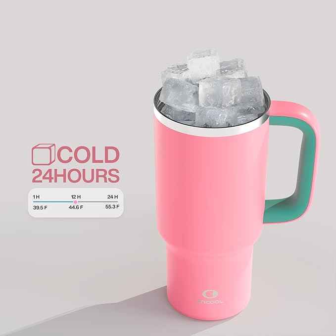 ENCOOL 32 oz Tumbler with Handle and Straw: Stainless Steel Insulated Tumbler Keeps Cold for 24 Hours, Leakproof Travel Cup Fits in Cup Holder and BPA-Free,Tulip