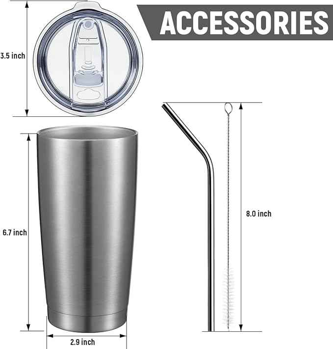 COMOOO 20oz Tumbler with Straw Stainless Steel Insulated Coffee Tumbler Cups Double Wall Vacuum Travel Coffee Mug with Splash Proof Sliding Lid for Hot Cold Drinks (Silver, 1 Pack)