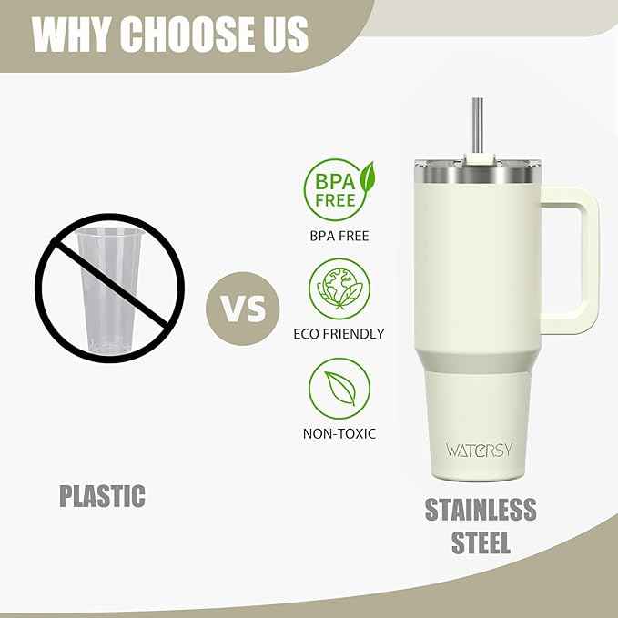 40 oz Tumbler with Handle,Tumbler with Lid and Straw,Double Wall Insulated Cup Stainless Steel Travel Mug(Cold for 34 Hours),Water Bottle for Iced Tea,Coffee,Cold Beverages(Cream White)