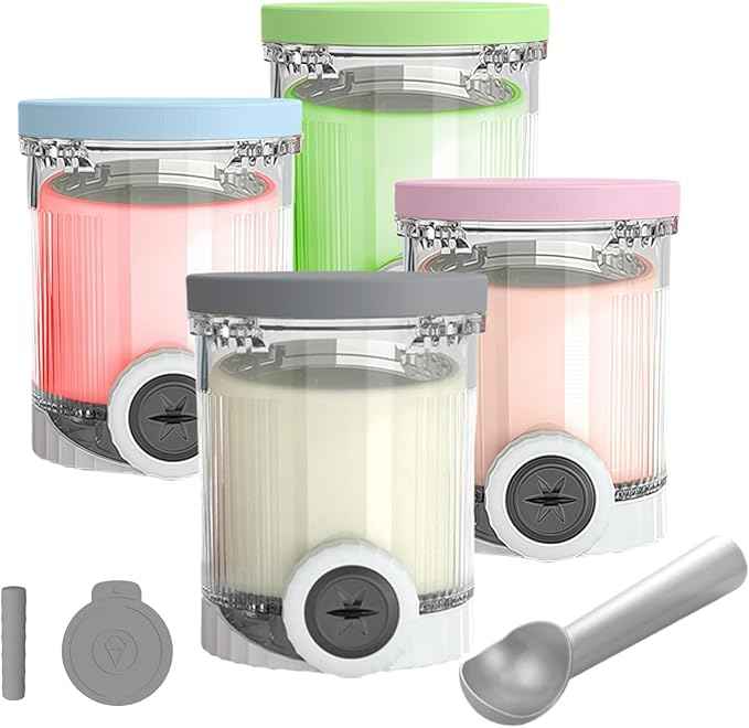 Replacement Pints and silicone Lids (4 Pack) - Compatible with Ninja Swirl Creami NC700 Series Ice Cream Maker, BPA-Free, Dishwasher Safe (4pc（Gray, Blue, Green, pink）＋(Dust/handle cover))