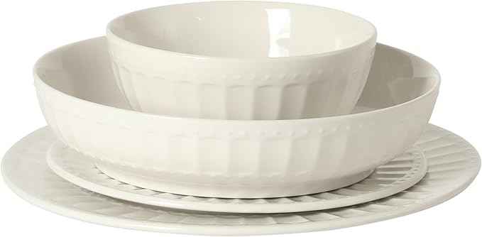 Gibson Home Melbourne White Plates and Bowls Set, 16 Piece Embossed Ceramic Dinnerware Set - Service for 4 Dishes - With Pasta Bowl