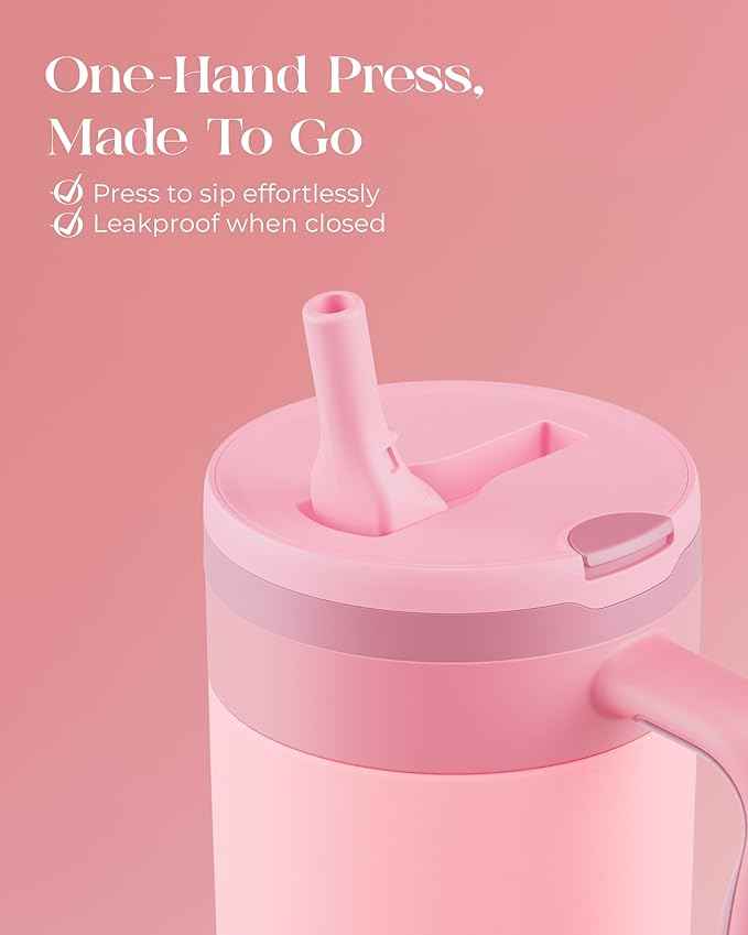 40 oz Insulated Tumbler with Handle and Push-Button Straw Lid, Stainless Steel Travel Cup for Gym Office, Leakproof, BPA-Free, Cup Holder Friendly, Bow Silicone Boot, Pink (Rose Quartz)