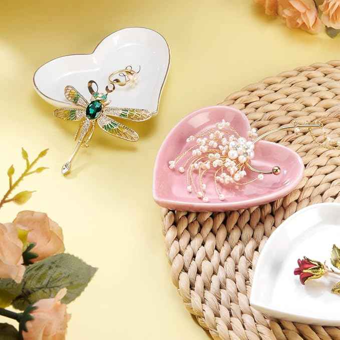 JAMEND CLXP Pink Heart Jewelry Tray, Engagement Wedding Ring Dish Earring Holder for Newlyweds, Sweet Gift for Women, Ceramic. NO ROSE.