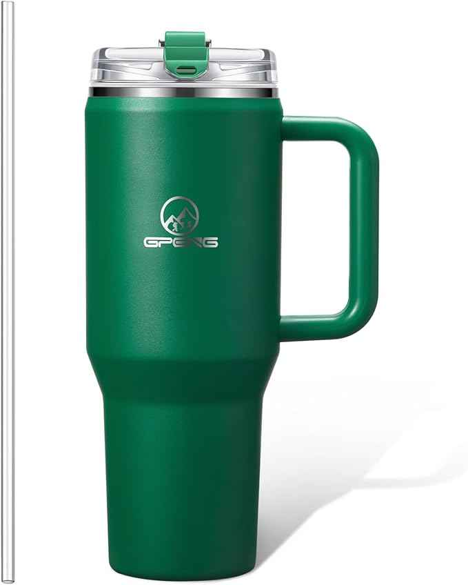 Gpeng 30/40/50 oz Tumbler with Handle, Water Bottles with Straw Lid, Insulated Stainless Steel Travel Mug Cup Holder Friendly, Keep Drinks Cold or Hot for Hours (Emeraldgreen, 30 oz)