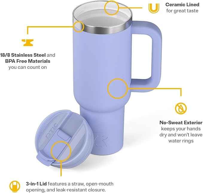 RTIC 40 oz Road Trip Tumbler Double-Walled Cermaic Lined Insulated Stainless Steel Portable Travel Coffee Mug Cup with Lid, Handle and Straw, Periwinkle