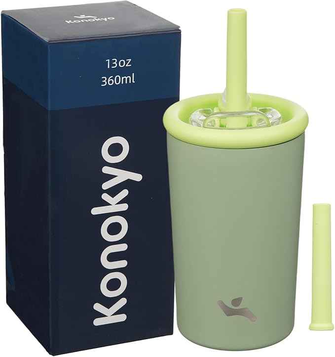 Konokyo 13oz Insulated Tumbler with Lid and Straw, Reusable Iced Coffee Cup with Lid, Travel Coffee Mug, BPA-Free, Leak-Proof and Durable, Bean Paste Green