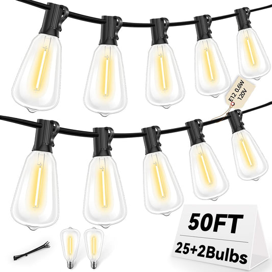 ST38 50FT LED Outdoor String Lights with 25+2 Spare Bulbs, E12 Socket, 2700K Warm White-for Backyard, Wedding, Camping, Porch, Deck, Gazebo, Bistro Decor