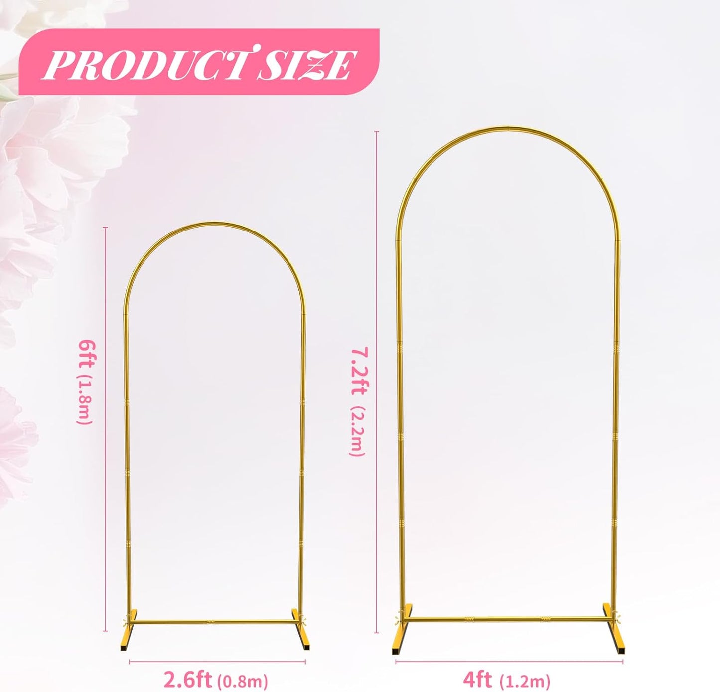 Metal Arch Backdrop Stand 7.2FT+6FT Wedding Arch Backdrop Stand Set of 2 Gold Backdrop Arch Stand Wedding Arch Frame for Wedding Ceremony Birthday Party Decoration Arbors of Metal
