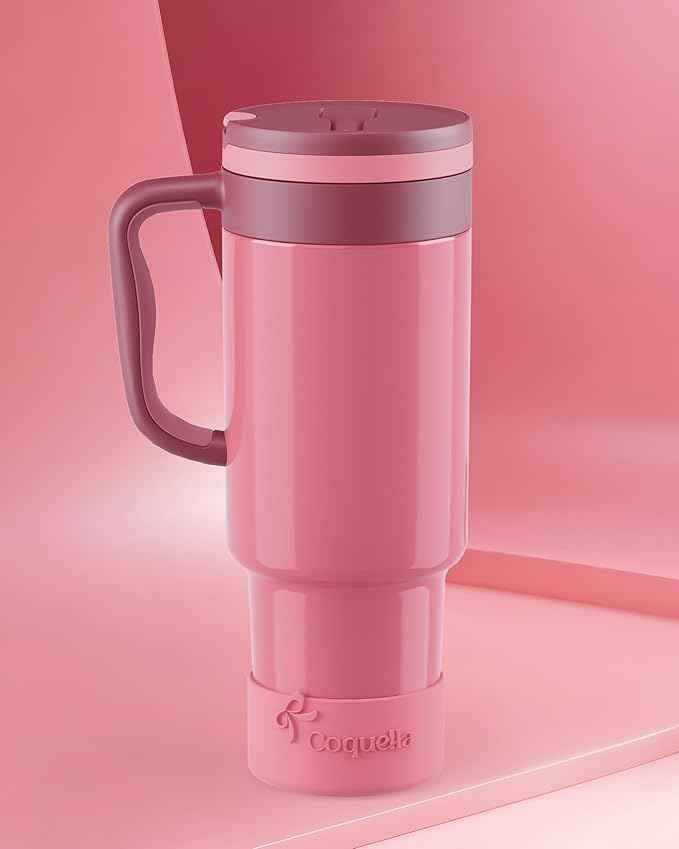 40 oz Insulated Tumbler with Handle and Push-Button Straw Lid, Stainless Steel Travel Cup for Gym Office, Leakproof, BPA-Free, Cup Holder Friendly, Bow Silicone Boot, Pink (Dusty Rose)