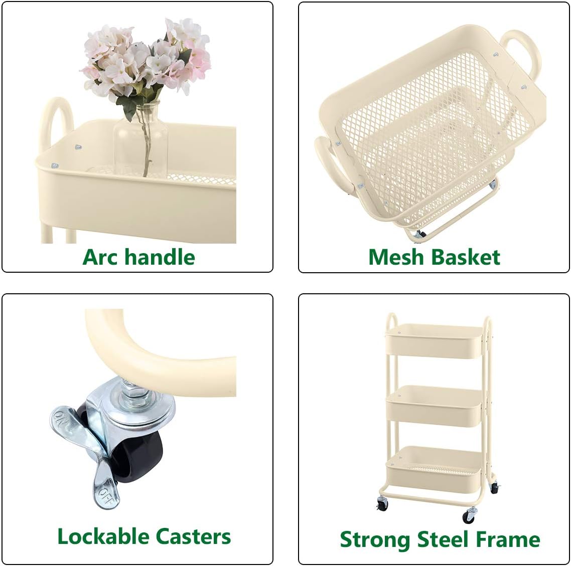 Melody House 3-Tier Metal Mesh Utility Rolling Cart Storage Organization Cart with Wheels, Beige