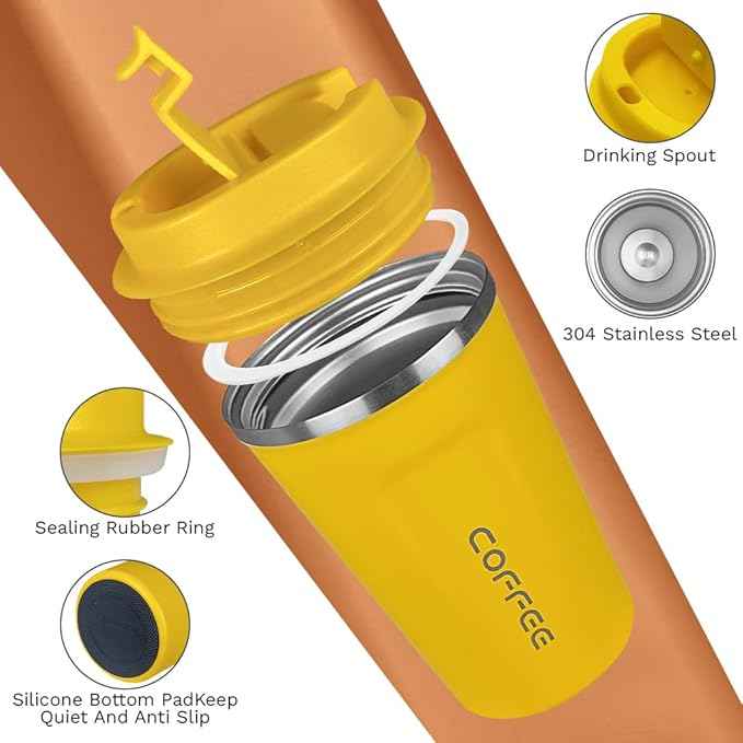 SPLMIFA Travel coffee mugs leak-proof, reusable coffee cup with lid, stainless steel vacuum insulated coffee tumblers, thermal insulation cups for men & women keep drinks hot & cold (2nd-Yellow, 12OZ)