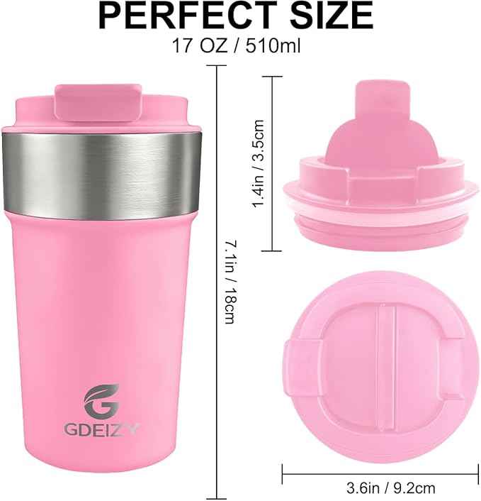17oz Double Wall Stainless Steel Vacuum Insulated Travel Mug, Spill-Proof & Leak-Proof Coffee Mug, BPA-Free Reusable Coffee Cup for Hot & Cold Drinks, Black (Pink)