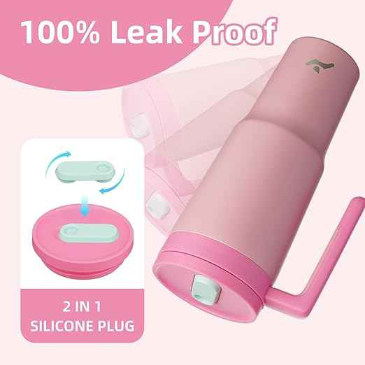 Konokyo Insulated Tumbler with Handle and Straw,40 OZ Vacuum Stainless Steel Water Bottle Travel Mug Metal Cup with Fruit Diffuser,Pink