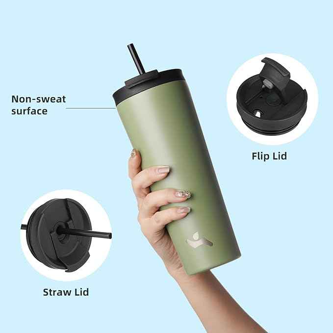 Konokyo 18 OZ Insulated Tumbler with Lid and 2 Straws Stainless Steel Water Bottle Vacuum Travel Mug Coffee Cup,ArmyGreen