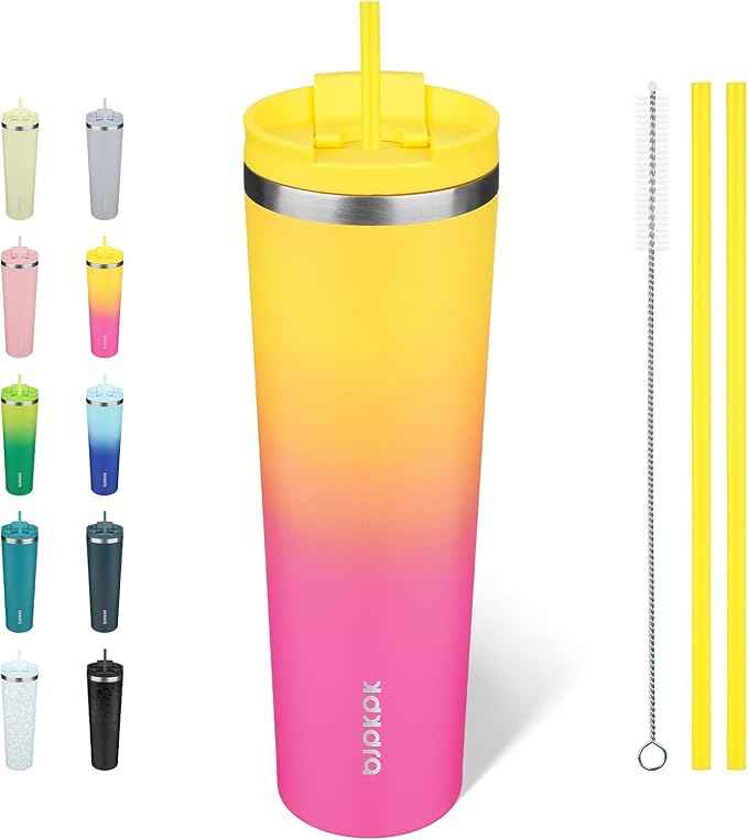 BJPKPK 34oz Stainless Steel Insulated Tumbler With lid And Straw Travel Coffee Thermal Tumblers Cup For Women And Men,Pink Yellow Rose
