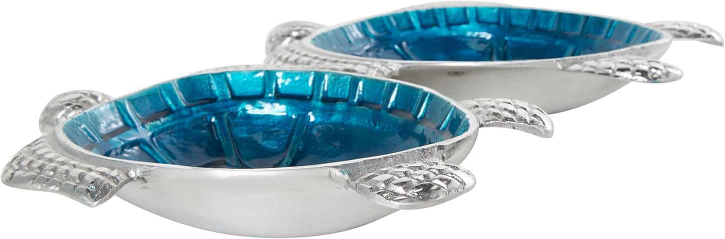 Deco 79 Aluminum Metal Turtle Decorative Bowl Decorative Bowl Enameled Decorative Containers with Silver Metal Exterior, Set of 2 Decorative Keepsake Boxes 10", 8"W, Blue