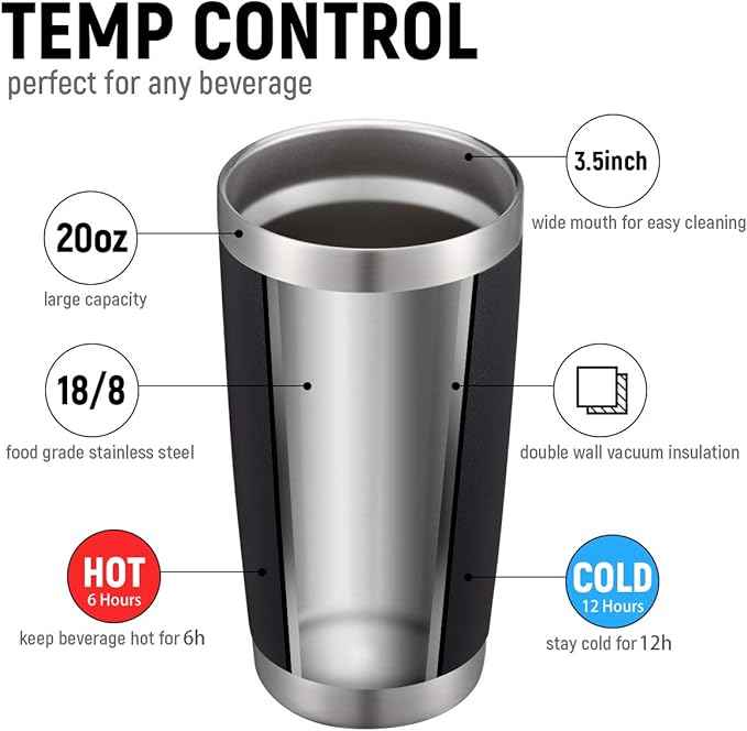 COMOOO 20oz Black Tumbler 4 Pack Stainless Steel Insulated Travel Mug with Lid and Straw Vacuum Double Wall Coffee Cup for Hot Beverage and Cold Drinks(Black, 4 Pack)