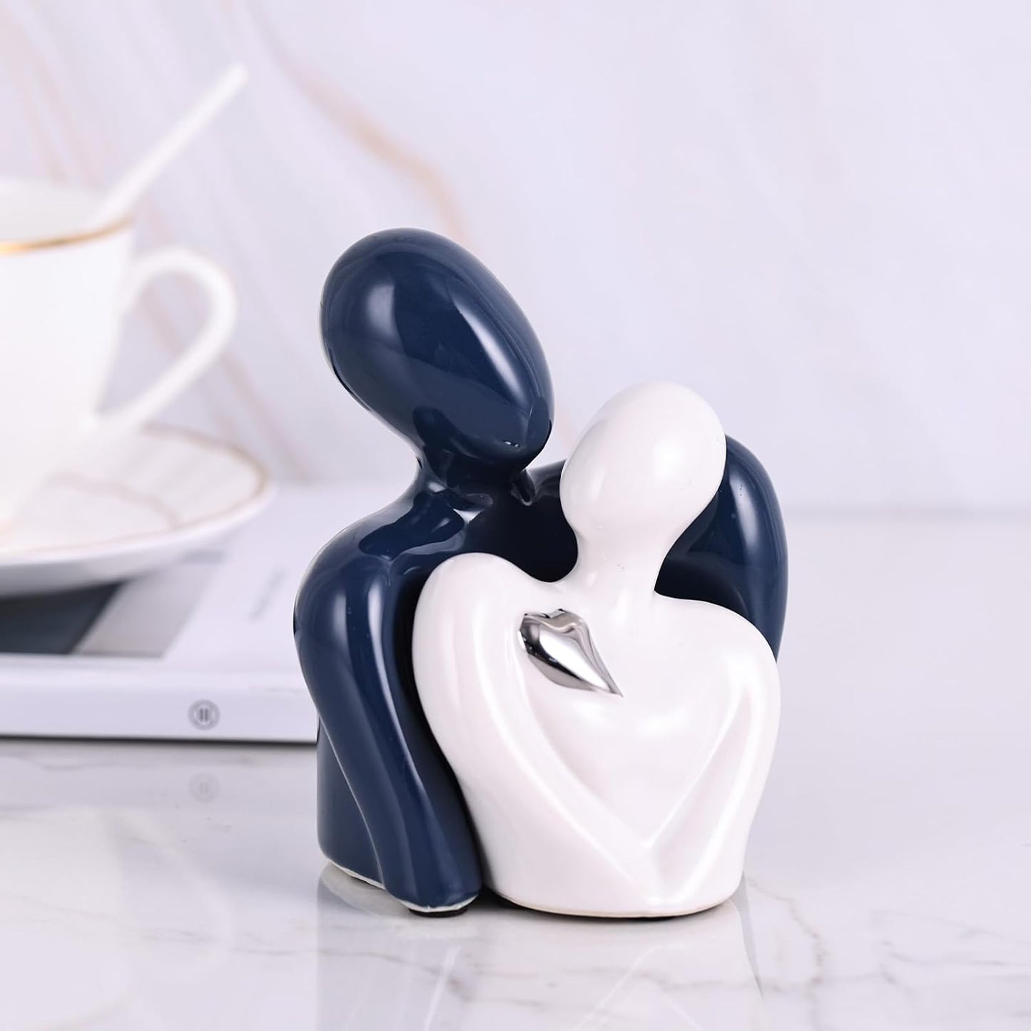 Mini Couple Ceramic Small Statue, Romantic Couple Figurine for Home Decor, Tv Stand, Living Room Nick nacks, Dresser for Bedroom, Shelves, Valentine, Items for Wedding Decor (Blue White and Silver)