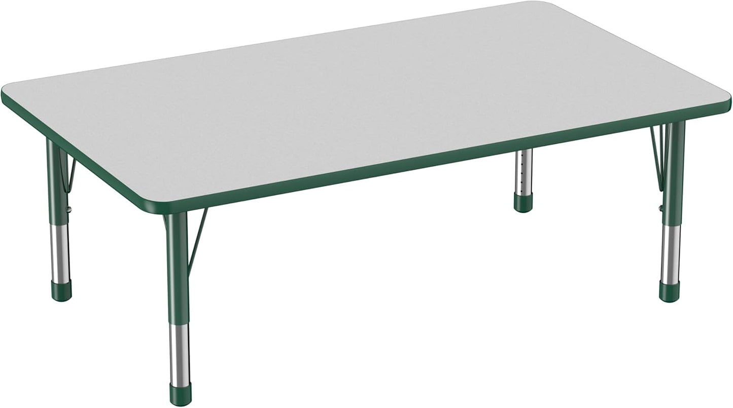Factory Direct Partners FDP Rectangle Activity School and Classroom Kids Table (36 x 60 inch), Toddler Leg, Adjustable Height 15-24 inches - Gray Top and Green Edge