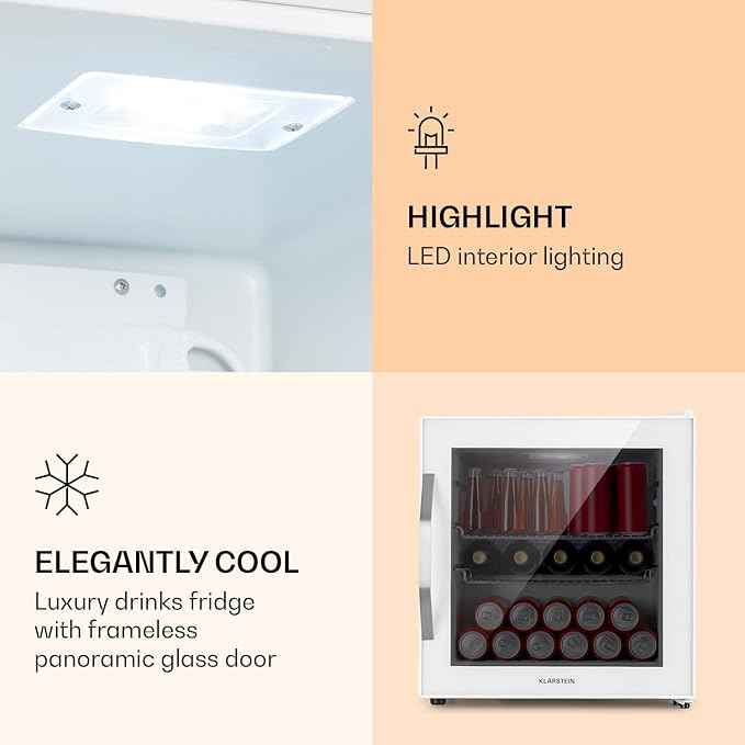 Klarstein Mini Fridge with Glass Door for Room, Beverage Refrigerator Small with Adjustable Shelves, 47 Litres, Indoor / Outdoor Refrigerator Silent