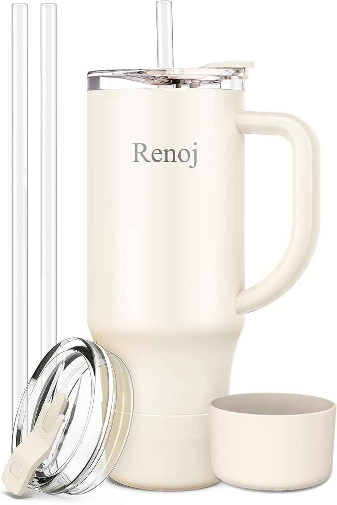 Renoj Insulated Mug 100% Leak Proof Insulated Water Bottle for Iced Coffee & Hot Drinks - Fits Car Cup Holder, Ideal Gift, 2 Straws & Silicone Boot - SnapShift White 32 oz