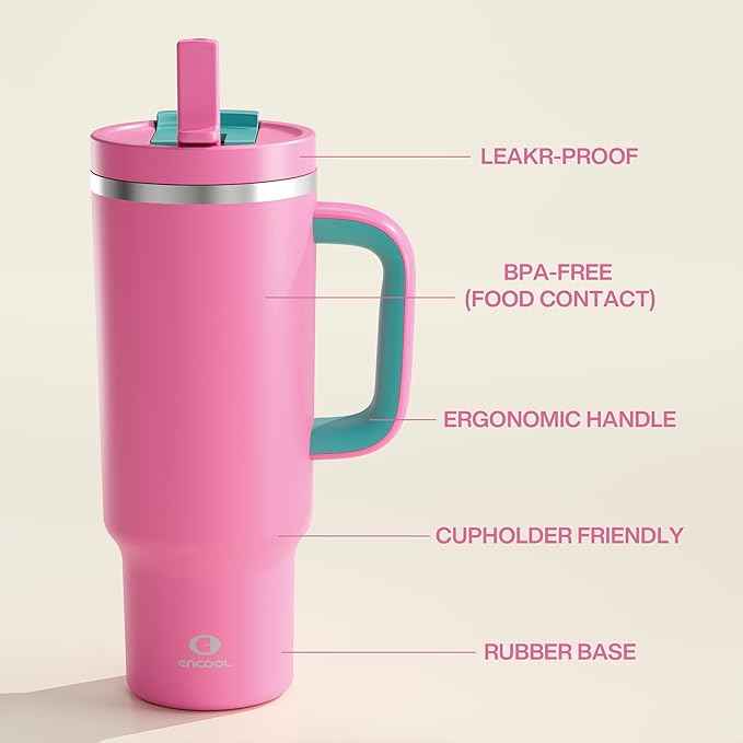 ENCOOL 40 oz Tumbler with Handle and Straw: Stainless Steel Insulated Tumbler Keeps Cold for 24 Hours, Leakproof Travel Cup Fits in Cup Holder and BPA-Free,Light Crimson