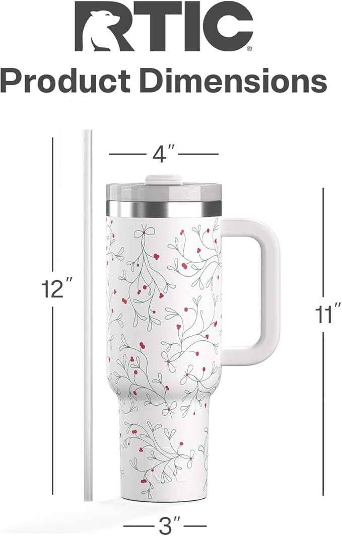 RTIC 40 oz Road Trip Tumbler Double-Walled Cermaic Lined Insulated Stainless Steel Portable Travel Coffee Mug Cup with Lid, Handle and Straw, Mistletoe