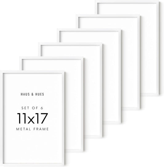 HAUS AND HUES 11x17 White Metal Picture Frames - Features Premium Aluminum, Vertical & Horizontal Hang, Shatterproof Plexiglass - Perfect for Home, Room, Office (11x17 in, White, Set of 6)