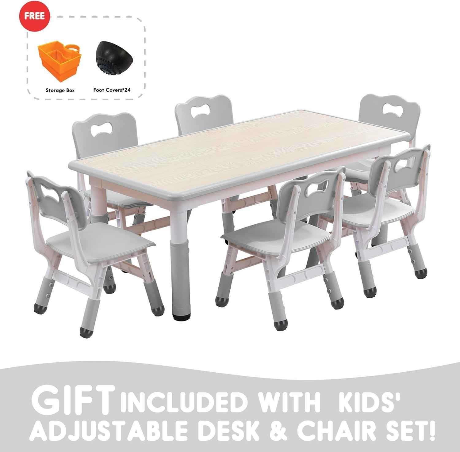 Kids Table and Chairs Set, Height Adjustable Desk With 6 Seats for Ages 2-12,Arts & Crafts Table,Graffiti Desktop, Non-Slip Legs, Max 300lbs, Children Multi-Activity Table for Classrooms,Daycares,Home