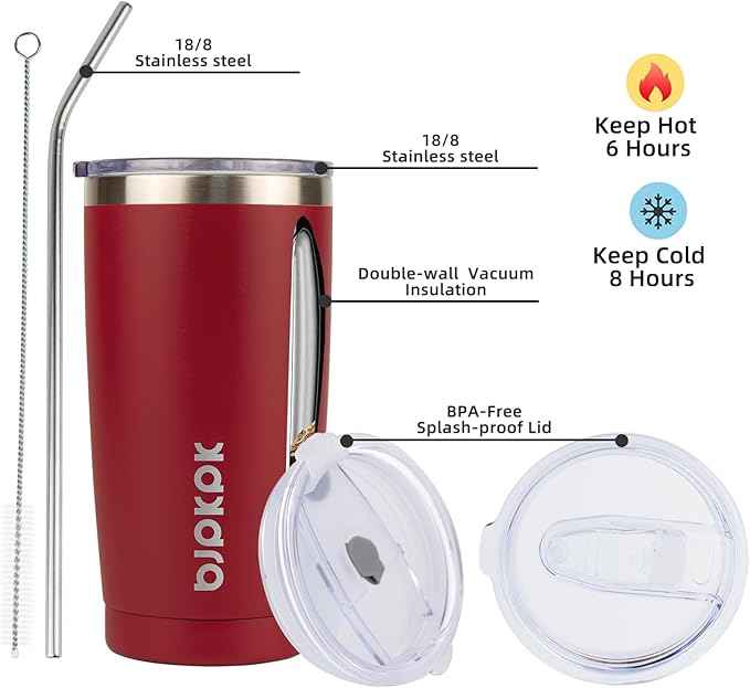 BJPKPK 20 oz Tumbler Stainless Steel Vacuum Insulated Tumblers Cup with Lid and Straw,Red