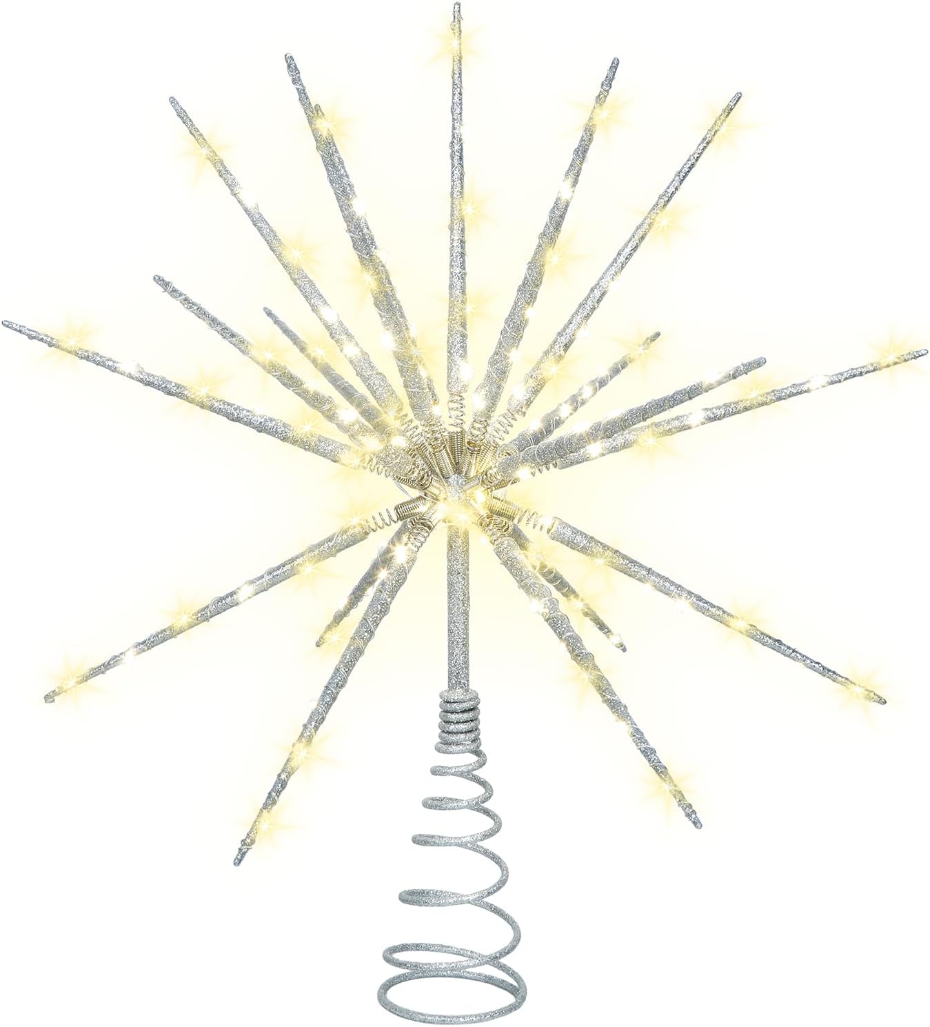 15 Inch Christmas Tree Star Topper with 150 LED Timer Lights & Remote, 19-Point USB Powered Lighted Silver Starburst Star Tree Topper for Indoor Holiday Party Xmas Tree Decor