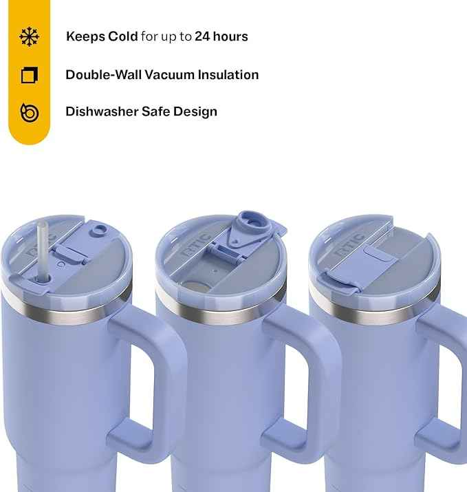 RTIC 30 oz Road Trip Tumbler Double-Walled Ceramic Lined InsulatedStainless Steel Portable Travel Coffee Mug Cup with Lid, Handle and Straw, Periwinkle