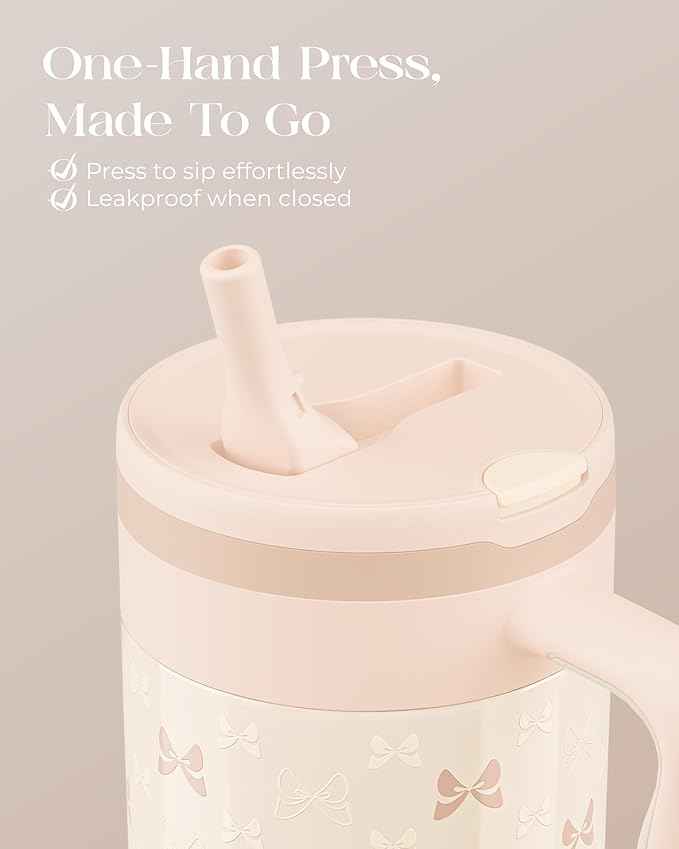 40 oz Insulated Tumbler with Handle and Push-Button Straw Lid, Stainless Steel Travel Cup for Gym Office, Leakproof, BPA-Free, Cup Holder Friendly, Bow Silicone Boot, Cream (Bow Cream)