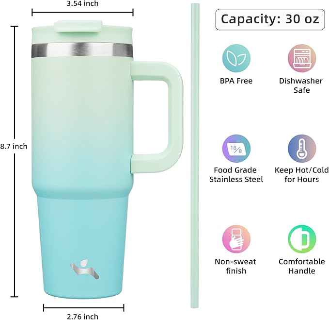 Konokyo 30 oz Tumbler with Handle and 2 Straws,2 in 1 Lid Insulated Water Bottle Stainless Steel Travel Coffee Mug,Mint