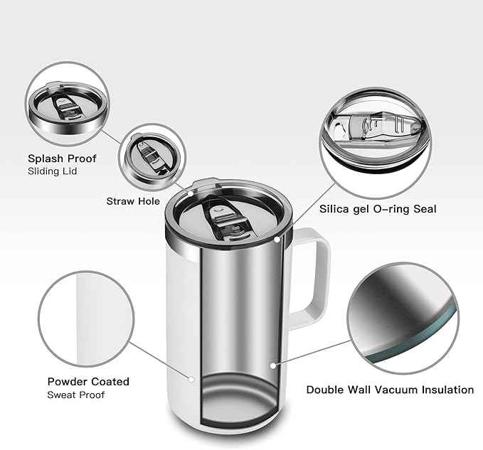 KXIAOCHEN 20oz Insulated Coffee Mug with Lid, Stainless Steel Coffee Cup, Double Wall Vacuum Coffee Tumbler with Handle, Premium Thermal Travel Coffee Mug (Pearl White)