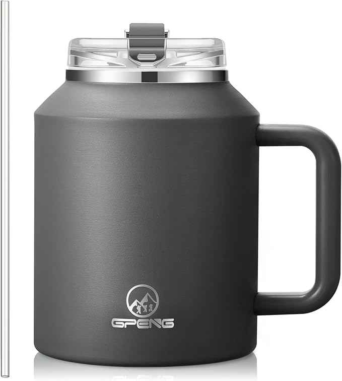 Gpeng 30/40/50 oz Tumbler with Handle, Water Bottles with Straw Lid, Insulated Stainless Steel Travel Mug Cup Holder Friendly, Keep Drinks Cold or Hot for Hours (LightGrey, 50 oz)