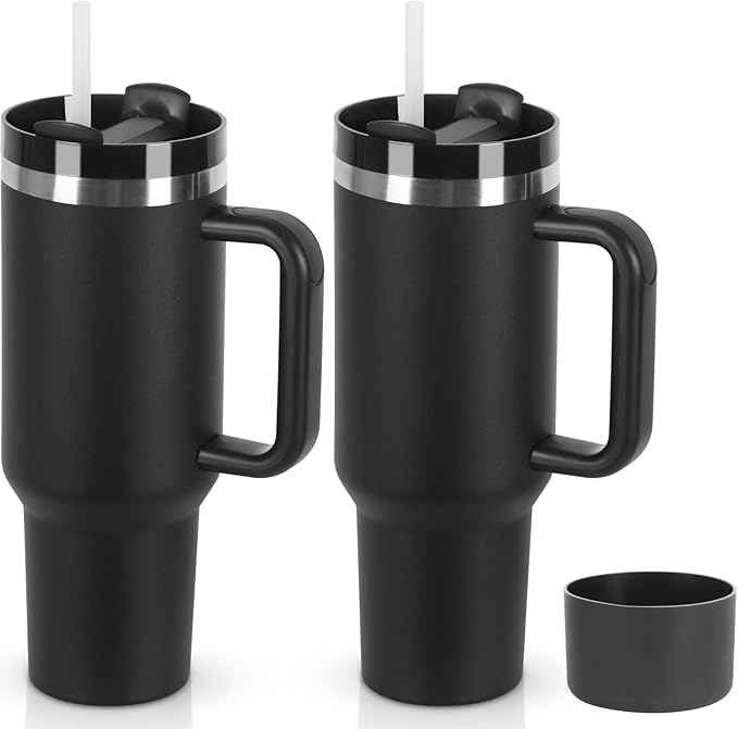 2 Pack 40 oz Tumbler with Handle and Straw Lid, Stainless Steel Double Wall Vacuum Insulated Travel Mug, Insulated Coffee Mug, with Silicone Spill Proof Stopper Set(Black)