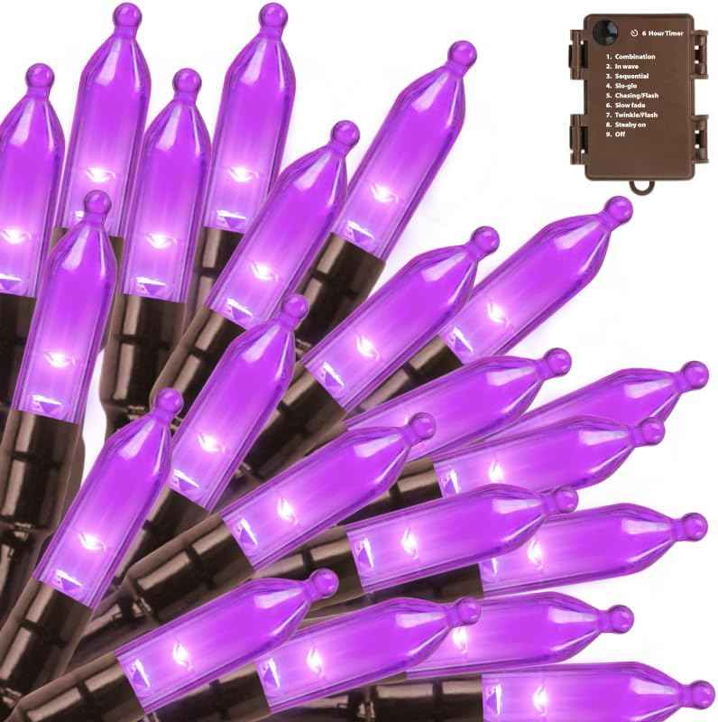 Purple Halloween Lights Battery Operated,2PK18Ft 50 LED Mini String with Timer 8 Modes Twinkle Light Outdoor Waterproof for Tree Garland Decor
