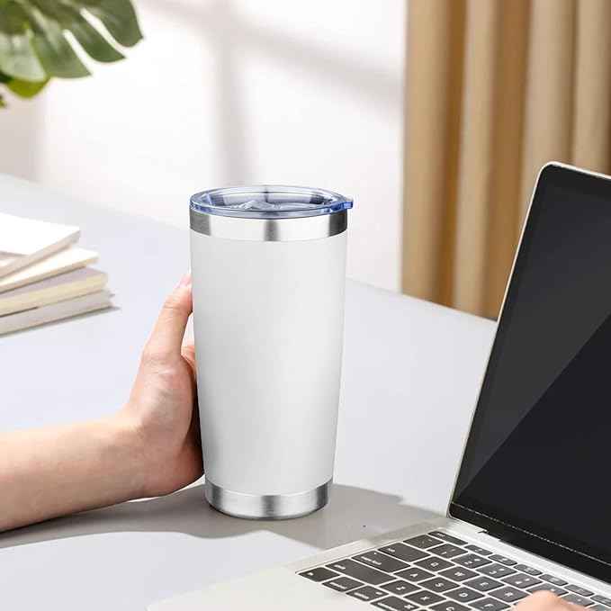 20oz Tumbler with Lid Double Wall Vacuum Insulated Travel Coffee Mug Stainless Steel Thermal Cup Powder Coated Sturdy Coffee Tumbler Bulk for Hot and Cold Beverage (White,4)