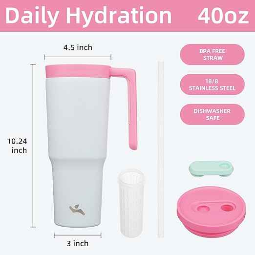 Konokyo Insulated Tumbler with Handle and Straw,40 OZ Vacuum Stainless Steel Water Bottle Travel Mug Metal Cup with Fruit Diffuser,Pink Grey