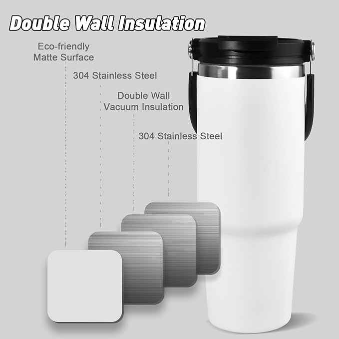 30 oz Tumbler with Handle and Straw Lid, Double Walled Vacuum Insulated Water Bottle Leakproof Tumbler Travel Coffee Mug Thermal Cup, Cupholder Friendly for Office, Home, Sport, White