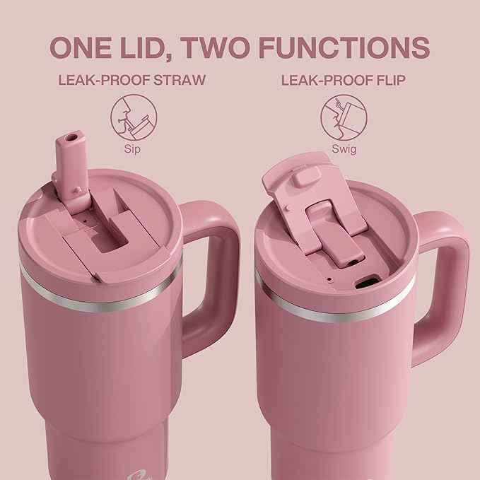 ENCOOL 32 oz Tumbler with Handle and Straw: Stainless Steel Insulated Tumbler Keeps Cold for 24 Hours, Leakproof Travel Cup Fits in Cup Holder and BPA-Free,Turkish Rose