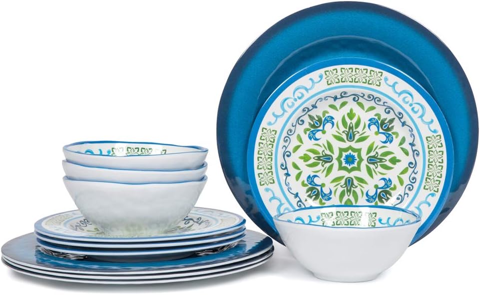 12-Piece Melamine Dinnerware Set – Unbreakable Plates and Bowls Sets,4 Dinner Plates + 4 Salad Plates + 4 Cereal Bowls,Camping Dishes Set for Indoor/Outdoor Use, Dishwasher Safe, Service for 4